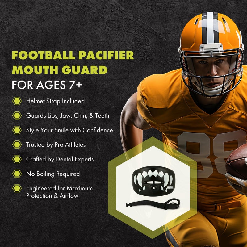 DAMAGE CONTROL دفاع الأضرار مصاصة فم - واقي فم كرة القدم مع حزام خوذة، يحمي الأسنان والفك والفم - قطعة فم للرياضات، لا تحتاج إلى غلي، تسمح بتدفق الهواء - معدات للبالغين والشباب (أنياب)  - Image 2